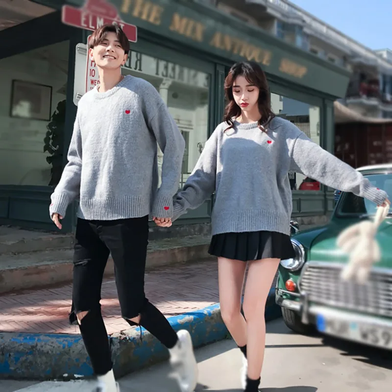 Cute Heart Shape Pattern Knitwear Tops Casual Men Woman Thick Warm Pullovers 2 Colors Knitted Couple Clothing | Женская одежда