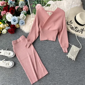 

Fitaylor New Winter 2 Pieces Knitted Set Women Sexy V Neck Soft Pullover Sweater And Skinny Skirt Female Backless Sweater Suits