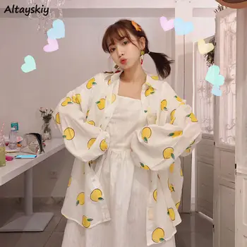 

Jackets Women Breathable Fruit-printed Spliced Single Breasted Turn-down Collar Long-sleeve Sweet Girls Oversize Chiffon Ulzzang