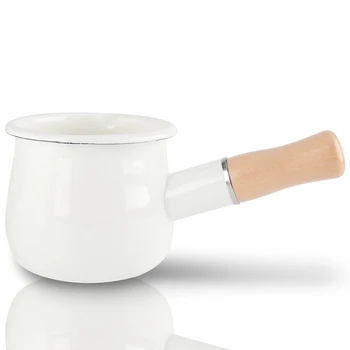 

Enamel Milk Pan, Mini Butter Warmer 10cm Enamelware Saucepan Pan Cookware with Wooden Handle, Perfect Size for Heating Smaller L