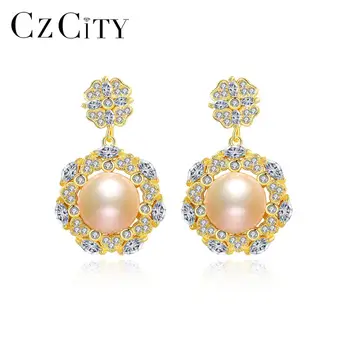

CZCITY Natural Pearls Drop Earrings for Women 100% 925 Sterling Silver Flower-Shaped Fine Trendy Jewelry Orecchini Donna FE-0226