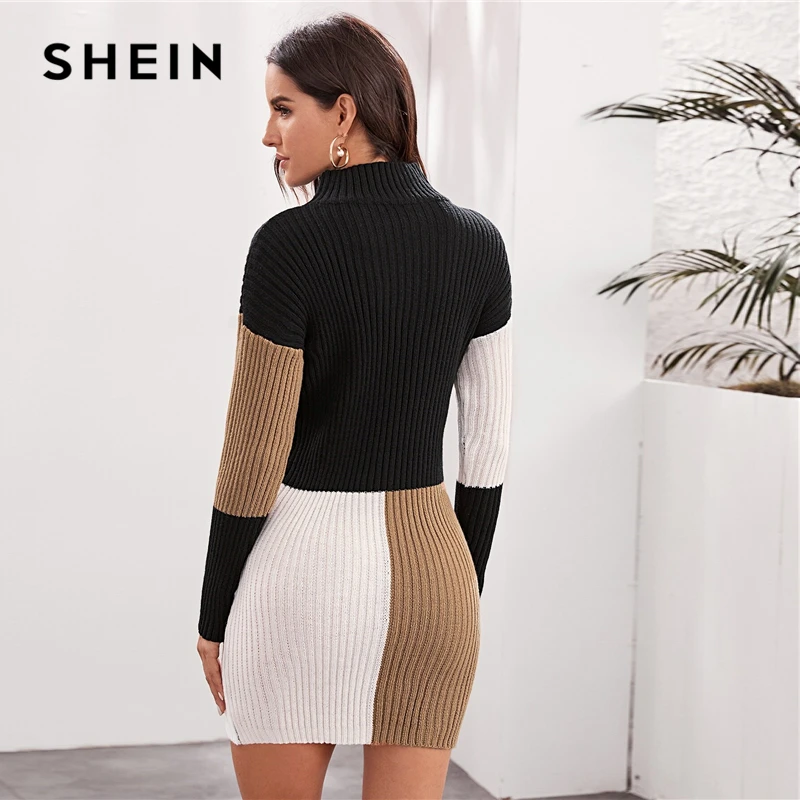 SHEIN Cut and Sew Bodycon Sweater Dress Without Belt Women Autumn Winter Stand Collar Knitted Straight Elegant Pencil Dresses