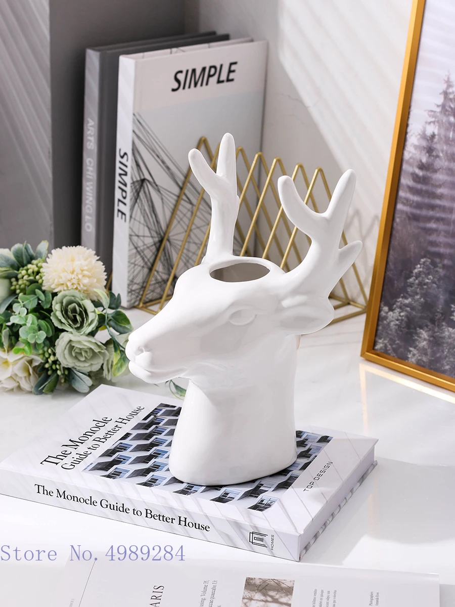 Creative Ceramic Vase Deer Head Elk Animal Head Simulation Animal Ceramic Crafts Flower Arrangement Flower Vase Home Decoration 4