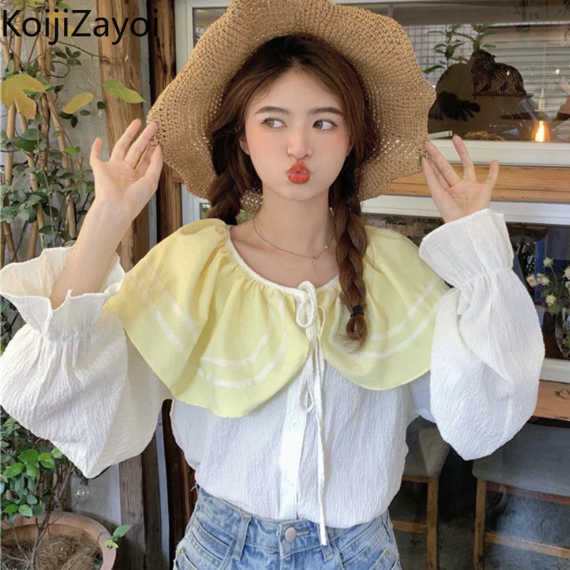 

Koijizayoi Korean Women Long Sleeves Blouse Peter Pan Collar Loose Shirt Spring Autumn Fashion Office Lady Chic Korean Blusas