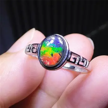 

100% Natural Colorful Ammonite Ammolite 4 Colors Gemstone Adjustable Ring 9x7mm 925 Sterling Silver Oval Jewelry AAAAAA