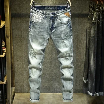 

2020 Men Vintage Pencil Jeans Pants New Design Man Light Blue Fashion Slim distressed Hole Denim Pants