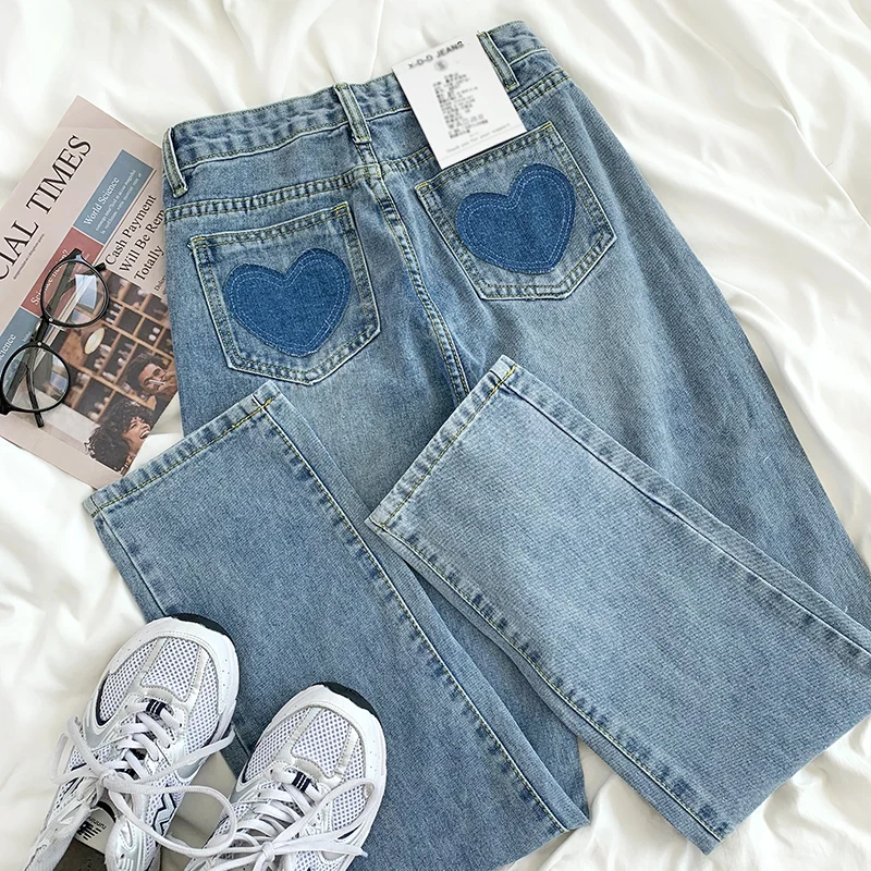 Straight Jeans Spring-Wash Wide-Leg Love-Stick Blue High-Waist Mooirue Kawaii Loose Winter