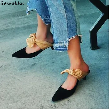 

Fashion Brand Suede Leather Slides Low Heels Pointed Toe Outdoor Slippers Bowtie Slip On Mules Party Dress Shoes Woman Size 43