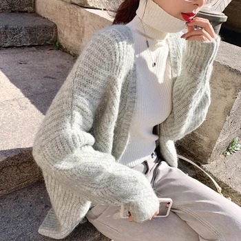 

MISHOW 2019 Autumn Winter Thick Knit Cardigan coat Women Solid Long Sleeve Loose Knit Coat Tops MX19C5250