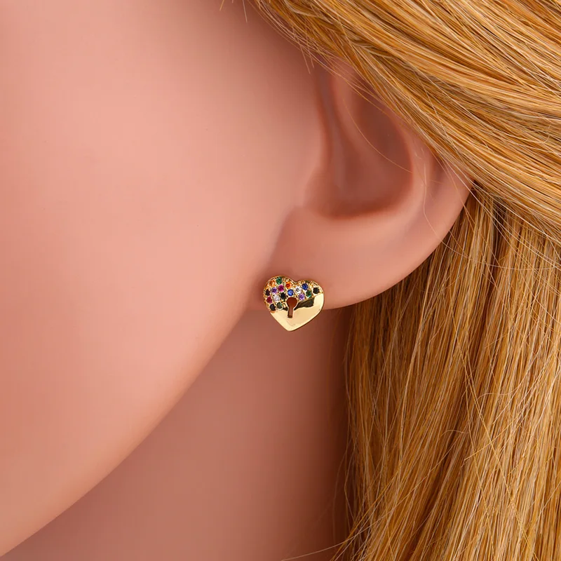 FLOLA Rainbow Heart маленькие серьги гвоздики Girls 24K Gold CZ милые крошечные Радуга ювелирные
