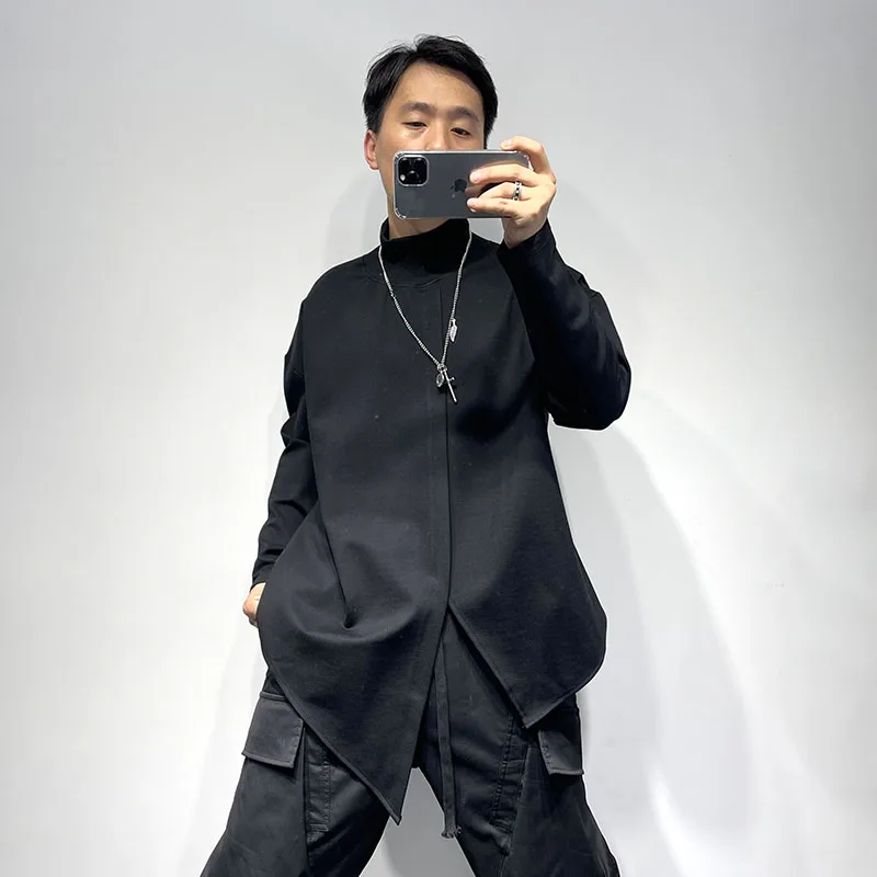 

Men's Long Sleeve T Shirt Autumn/Winter New Thickened Personality Asymmetrical Slit Hem Solid Color Gentleman's Large T Shirt