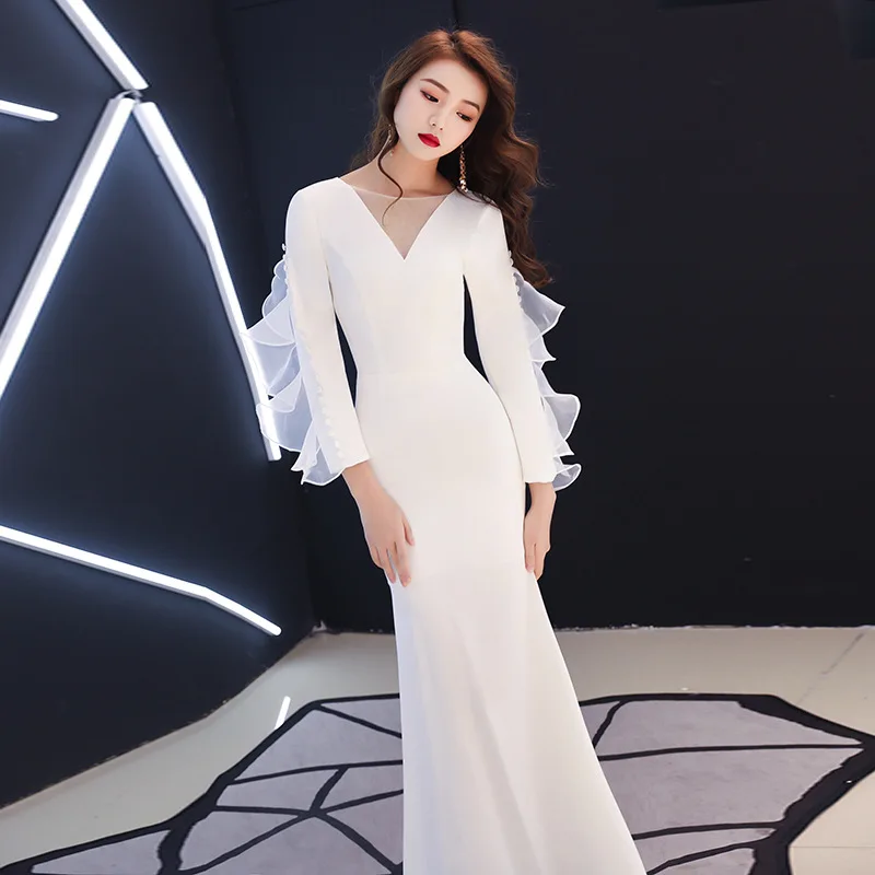 Белое Женское длинное узкое платье русалка вечерние платья Cheongsam с круглым