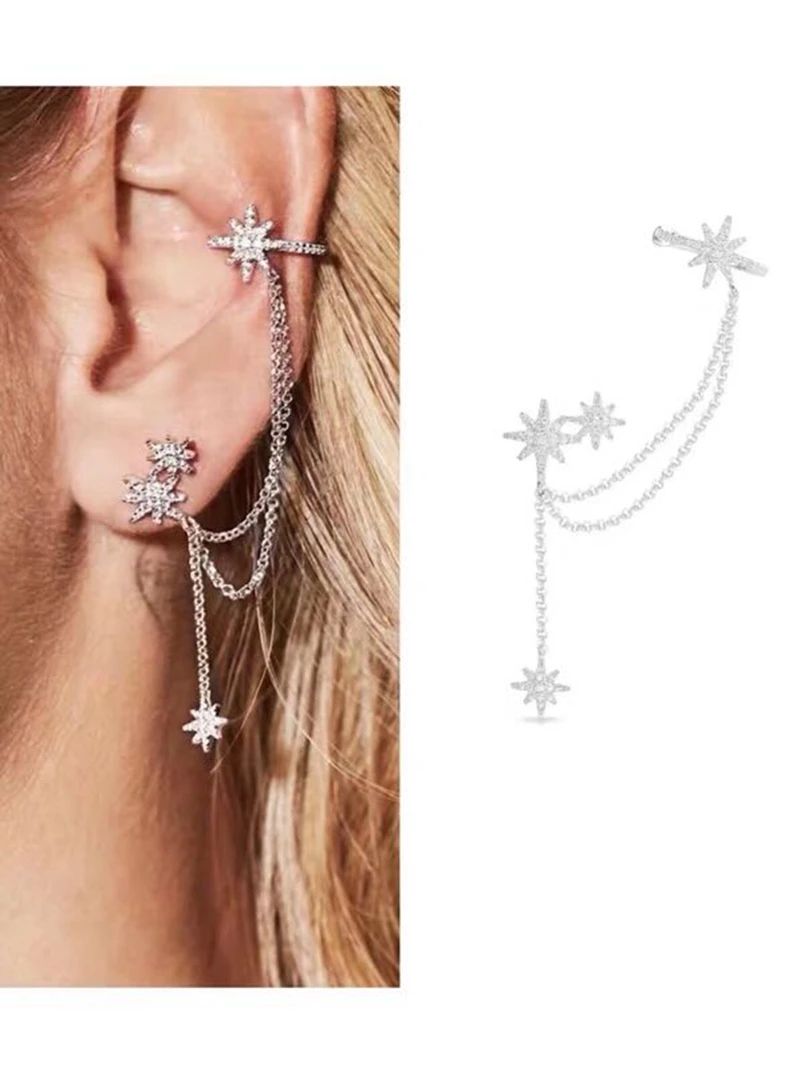 

ONE Piece Star Cuff Stud Earring Pure 925 Sterling Silver Sun Star Princess Wedding Jewelry