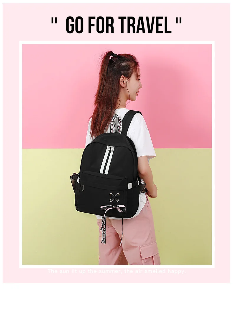 2019 Brand Design Women Casual Nylon Backpack Purse Teenager Girls Pink School Bags Ladies Bow Backpack Big Travel Rucksack Bags (2)