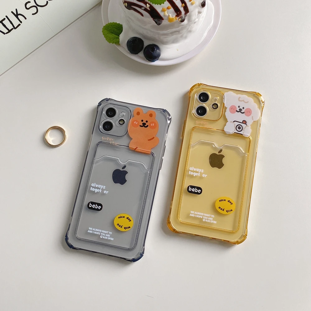 Cute cartoon bear Shockproof Silicone Lens Protection Phone Case For iPhone 12 11 Pro Xs Max SE 2 X Xr 7 8 Plus Card Back Cover