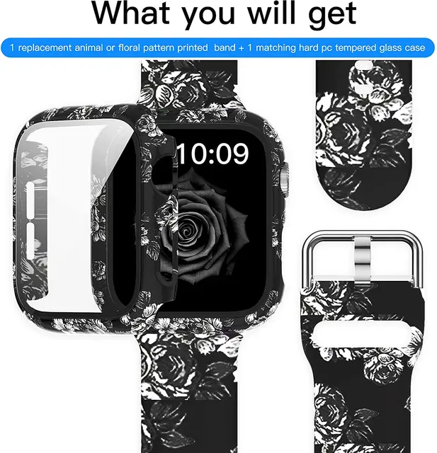 Silicone Strap+Cover for Apple Watch Bands 44mm 40mm 42mm 38mm Screen Protector, Glass+Silicone Wristband Strap for iwatch 2 in1 Case Band 01