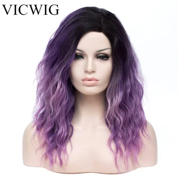 

VICWIG Women Curly Ombre Black Purple Gradient Heat-Resistant Synthetic Hair Side Part Cosplay Wig