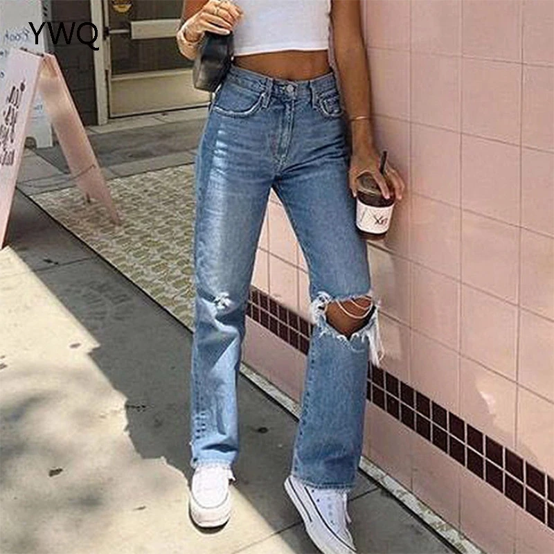 High Waist Jeans For Women Blue Straight Ripped Pants Full Length Knee Hole Jeans Mom Wide Leg Pants Loose Streetwear Trousers flare jeans