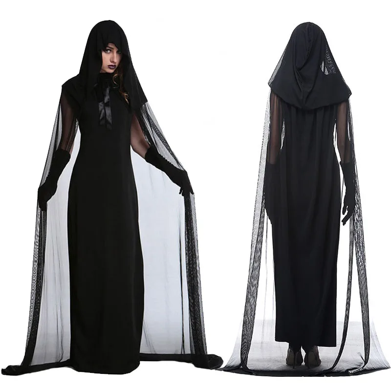 Women kid Halloween party cosplay black ghost grim peaper vampire costume black witch bride dress costumes cape for adult