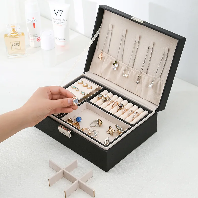 New Design Pu Leather Jewelry Box Double-Layer Wooden Case Princess Display Holder Women Gift with Lock