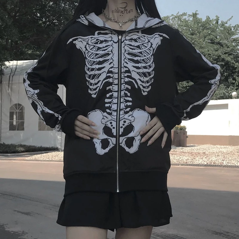  InsGoth Skull Printed Women Hooded Sweatshirts Gothic Halloween Party Black Hoodies Loose Oversize 