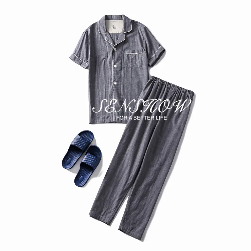 

MUJI-style Solid Color Short Sleeve Trousers shuang ceng sha Good Homewear Set Japanese Style Couples Thin Pajamas Pure Cotton