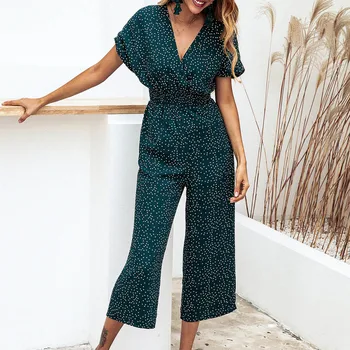 

Women Summer Bodysuits Pockets V Neck Office Wear Short Sleeve Dot Printing Rompers Jumpsuit Playsuit #j4s