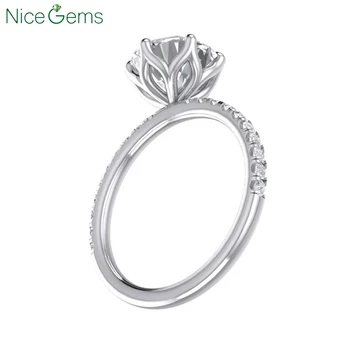 

NiceGems 14K White Gold Center 1Carat 6.5mm DF Color Flower Moissanite 6 prong Set with Accents Engagement Ring for Women