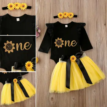 

3PCS Canis Baby Girl Outfits Headwear +T Shirt + Skirt Set Flowers Romper Tutu Tulle Set