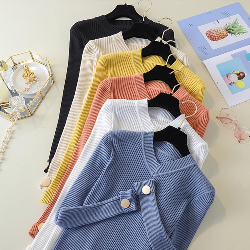 

Female Knit V-Neck England Style Sweaters Basic Women autumn Winter Long Sleeve Pullovers feminine Soft Orange Tops jumpers 2019