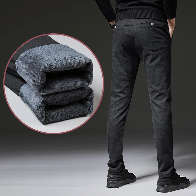 Drizzte Winter Fleece Mens Pants Dress Black Grey Trousers Casual Slacks Pants for Work Smart Casual for Winter