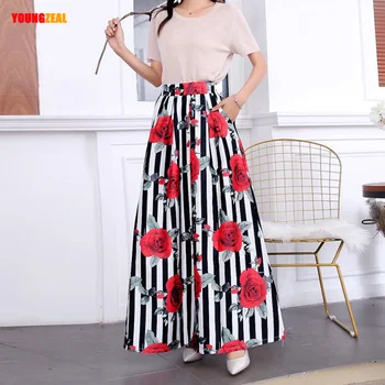 

Spring Skirts Women Chic Summer Jupe Longue High Waist Pockets Long Skirt Vintage Rose Floral Striped Print Maxi Skirt Plus Size