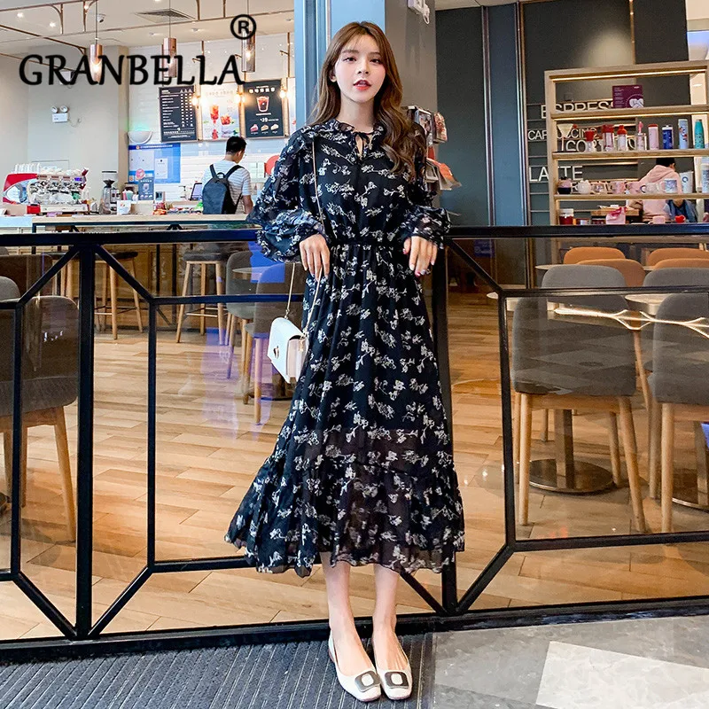 

2019 Women Casual Long Printed Chiffon Dress A-Line Sweet Ladies Bohemian Print Bow V-Neck Long Sleeve Elegant Dress