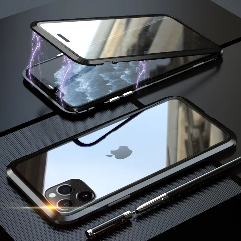 Black Для iPhone 11 металлический бампер двухсторонняя, для стекла Магнитный чехол для iPhone 11 Pro Max Магнитный чехол 360 Защитный чехол с петлей - Цвет: Black