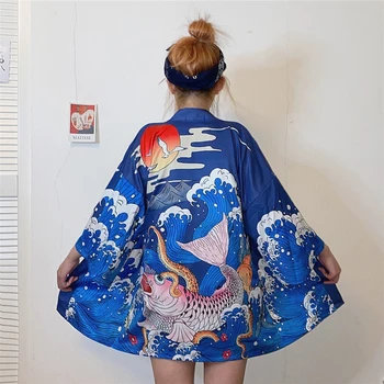 

Lychee Girls Wave Carp Print Women Japanese Kimono Cardigan Cosplay Shirt Blouse Lady Japanese Yukata Female Summer Beach Kimono