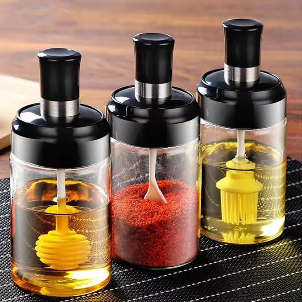 250ml Glass Seasoning Bottle Spoon Cover Kitchen Spice Bottles Pepper Spoon Oil Brush Honey Dispenser Food Storage Container