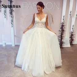 SoDigne Beach Princess Wedding Dresses A Line V-Neck Backless Appliqued Lace Bridal Gowns Puffy Tulle Party Dress