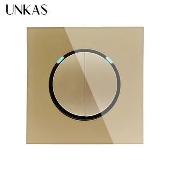

UNKAS 2 Gang 1 Way Random Click On / Off Wall Light Switch With LED Indicator Knight Black Crystal Tempered Glass Panel