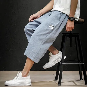 

2020 Summer Japanese Streetwear Cotton Linen Wide Leg Pants Men Lightweight Calf-length Pants Elastic Waist Trousers Men M-5XL