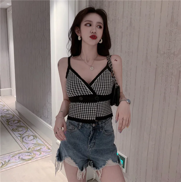Women Sexy Knitted Crop Top Crop Sleeveless Cropped Vest Slim Sling Knitted Tank Top V-neck Plain Camisole High Elastic Camis