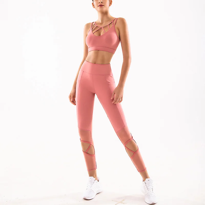 2 Pcs Set Seamless Yoga Set Fitness Clothing Mesh Splicing High Waist Women Gym Leggings Tights Sports Bra Sports Suits