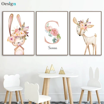 

Baby Posters Personalized Girl's Name Custom Poster Nursery Prints Pink Flowers Wall Art Canvas Painting Pictures For Girls Room