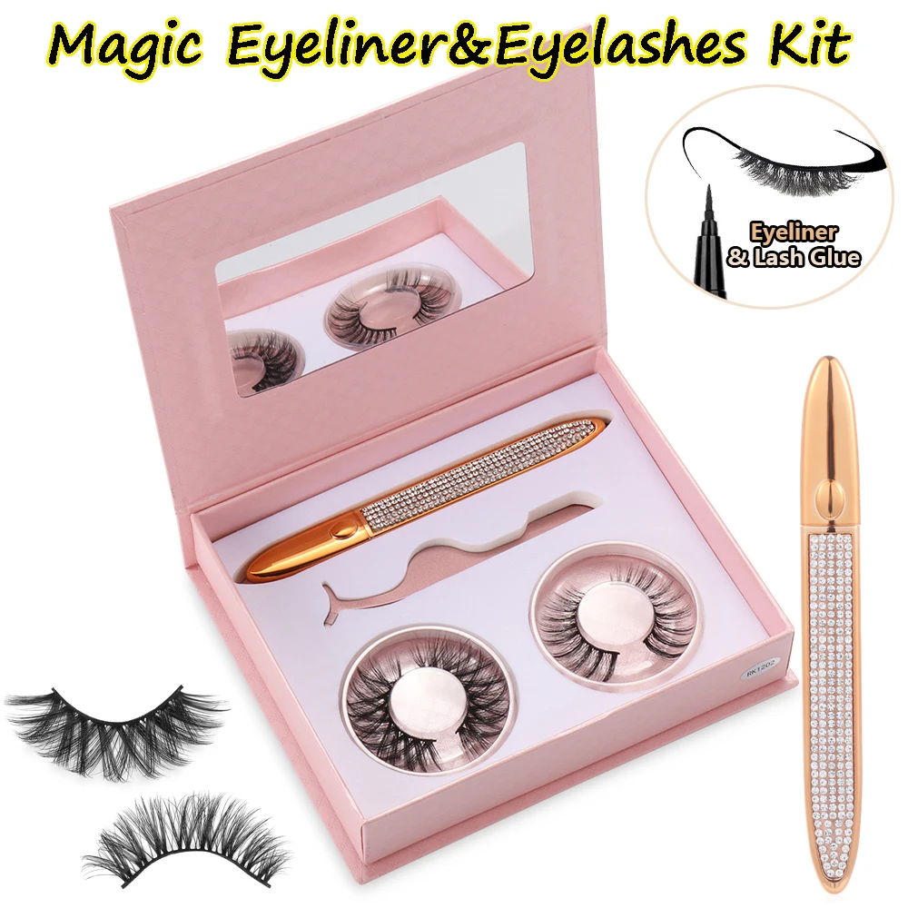 1Set 3D Mink False Eyelashes Magic Self adhesive Eyeliner Pen Natural