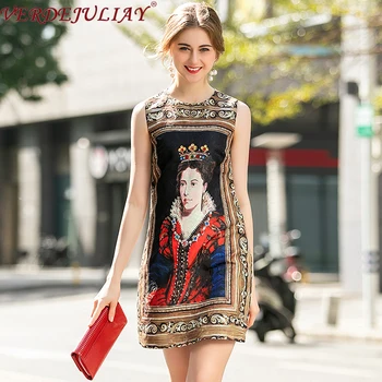

VERDEJULIAY Milan Fashion Sleeveless Luxury Diamonds Beading Dresses A-Line 2020 Summer Vintage Portrait Print Mini Women Dress