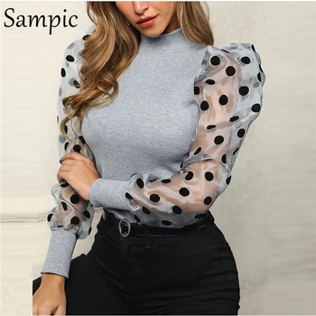 

Sampic Puff Sleeve Knitwear Mesh Transparent Pullover Autumn Women Polka Dot Winter Top Knitted Turtleneck Thin Sweater