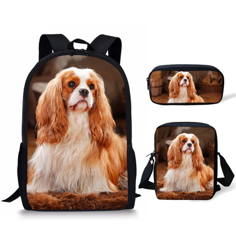 Animal School Bags Set Cavalier King Charles Spaniel Dog Print 3pcs School Backpacks for Cute Kids Leisure Daypack