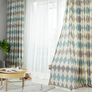 

Blue-gray Diamond Lattice Blackout Bedroom Curtain Modern Minimalist Polyester Cotton Printed Living Room Curtain Fabric MY118-4