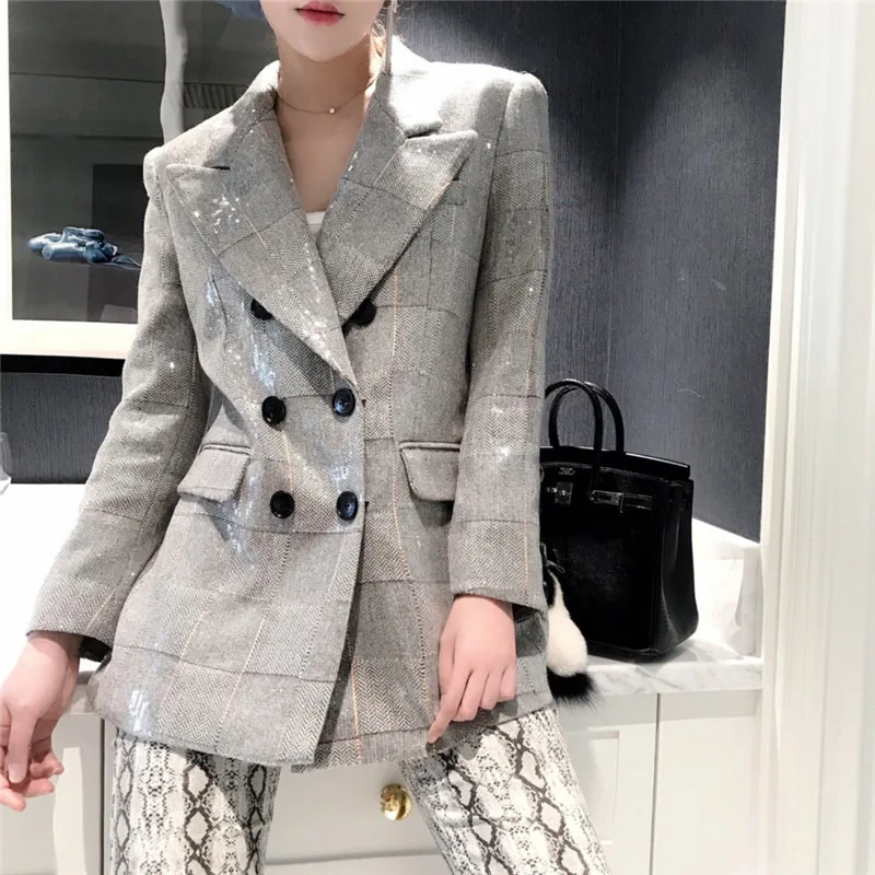 Высокое качество осень дизайнер серый блеск блестками Светоотражающие блестящие двубортные пуговицы для женщин Блейзер пиджак женский - Цвет: gray Sequined