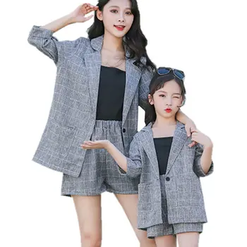 

Cool Mother and Daughter Clothes Blazer Jacket + Shorts + Vest 3 Pieces Suit Set Grey Pink Color Cotton Sisters Matching Outfits