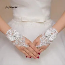 Свадебные перчатки без пальцев женские свадебные перчатки Кружева Флора шнуровка лук-аппликация Кристалл бисером ST012